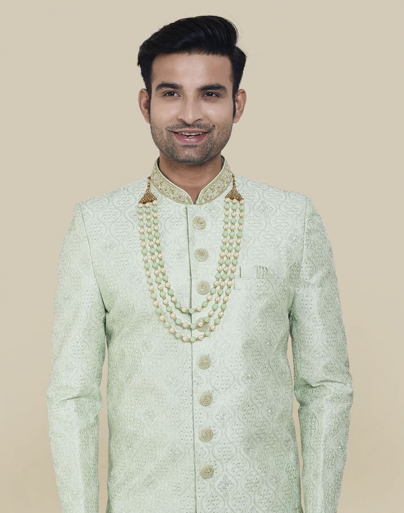 Collection of Pista Green Thread And Sequence Work Indo Western Sherwani Set in a gallery layout