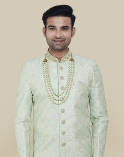 Collection of Pista Green Thread And Sequence Work Indo Western Sherwani Set in a gallery layout