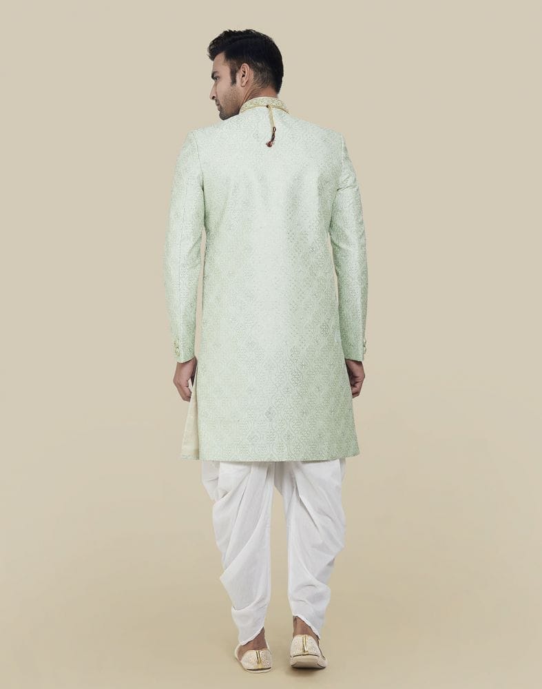 Pista Green Thread And Sequence Work Indo Western Sherwani Set