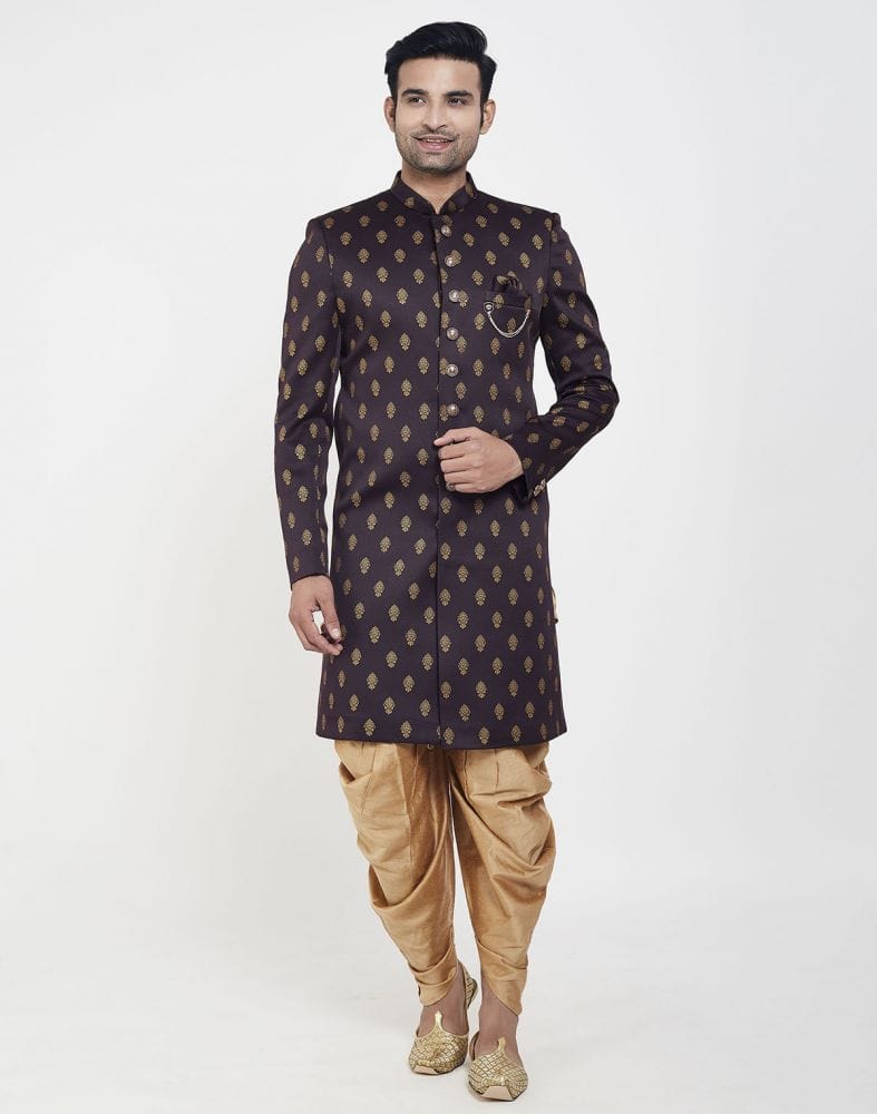 Brown Jacquard Printed Booties Design Indo Western Sherwani