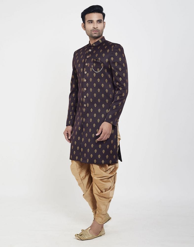 Collection of Brown Jacquard Printed Booties Design Indo Western Sherwani in a gallery layout