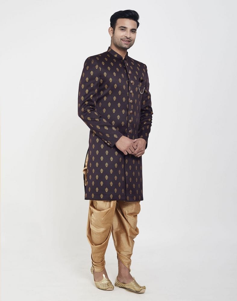 Collection of Brown Jacquard Printed Booties Design Indo Western Sherwani in a gallery layout