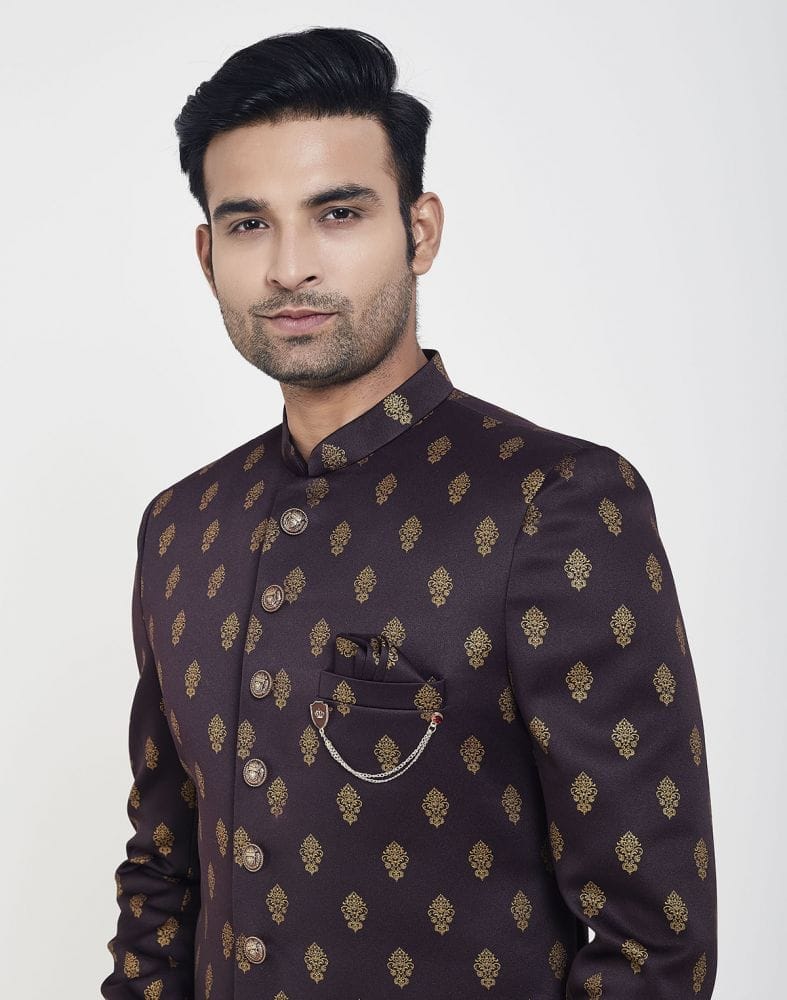 Collection of Brown Jacquard Printed Booties Design Indo Western Sherwani in a gallery layout