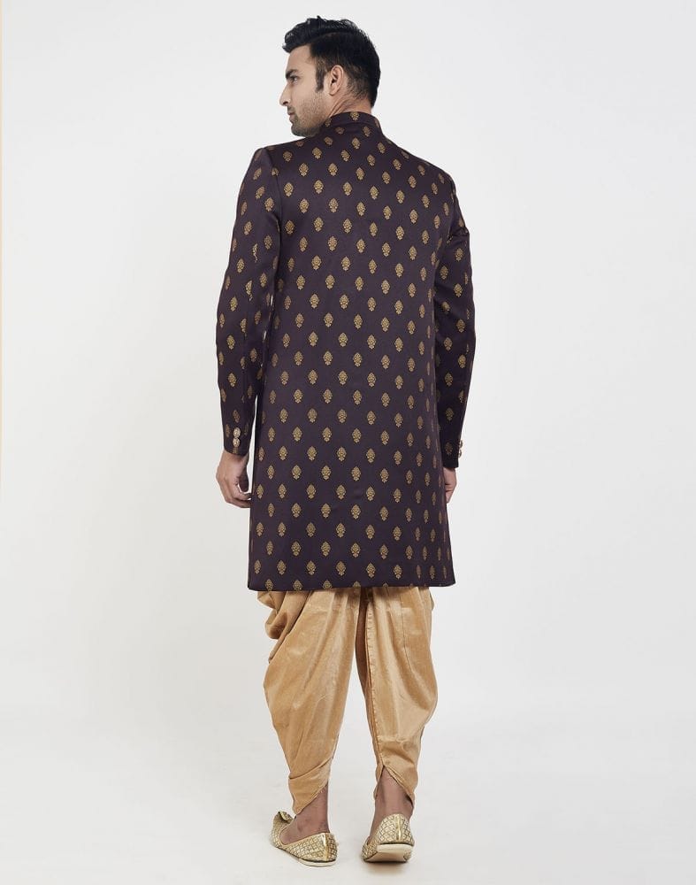 Collection of Brown Jacquard Printed Booties Design Indo Western Sherwani in a gallery layout