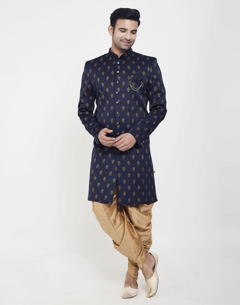 Collection of Navy Blue Jacquard Printed Booties Design Indo Western Sherwani in a gallery layout