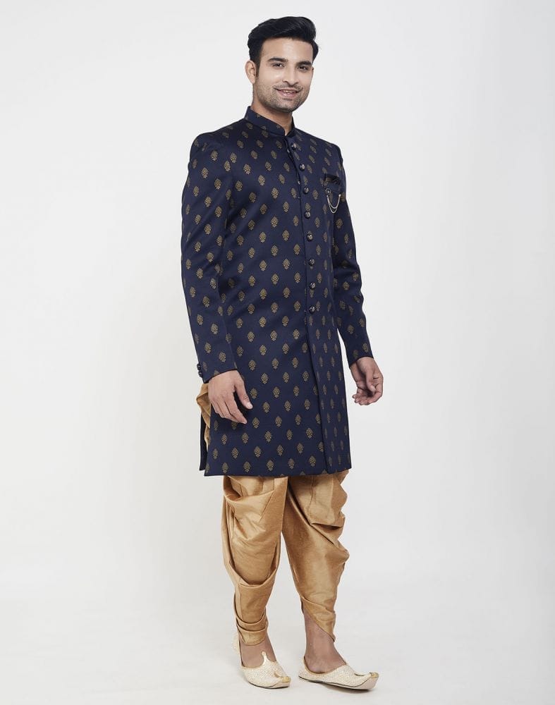 Collection of Navy Blue Jacquard Printed Booties Design Indo Western Sherwani in a gallery layout