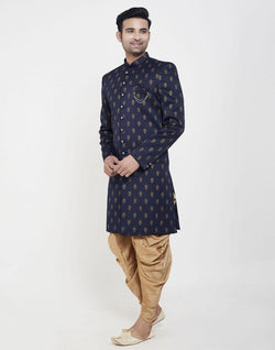 Collection of Navy Blue Jacquard Printed Booties Design Indo Western Sherwani in a gallery layout