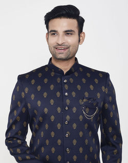 Collection of Navy Blue Jacquard Printed Booties Design Indo Western Sherwani in a gallery layout