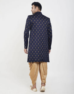 Collection of Navy Blue Jacquard Printed Booties Design Indo Western Sherwani in a gallery layout