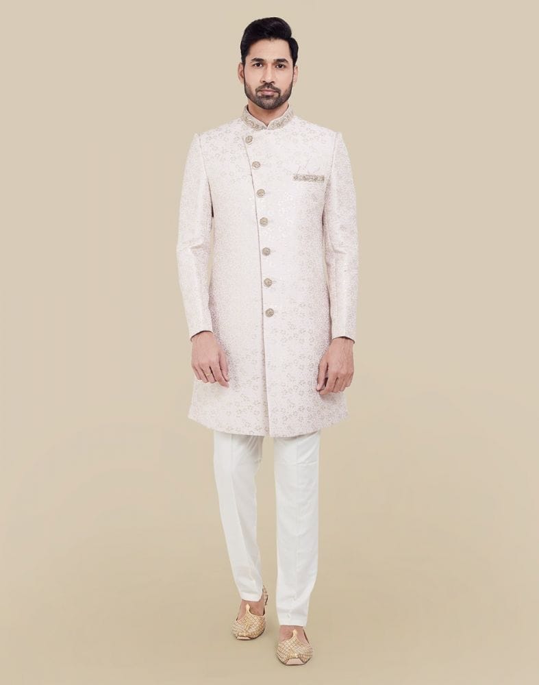 Collection of All Over Self Brocade Peach Coloured Indo Western Sherwani Set in a gallery layout