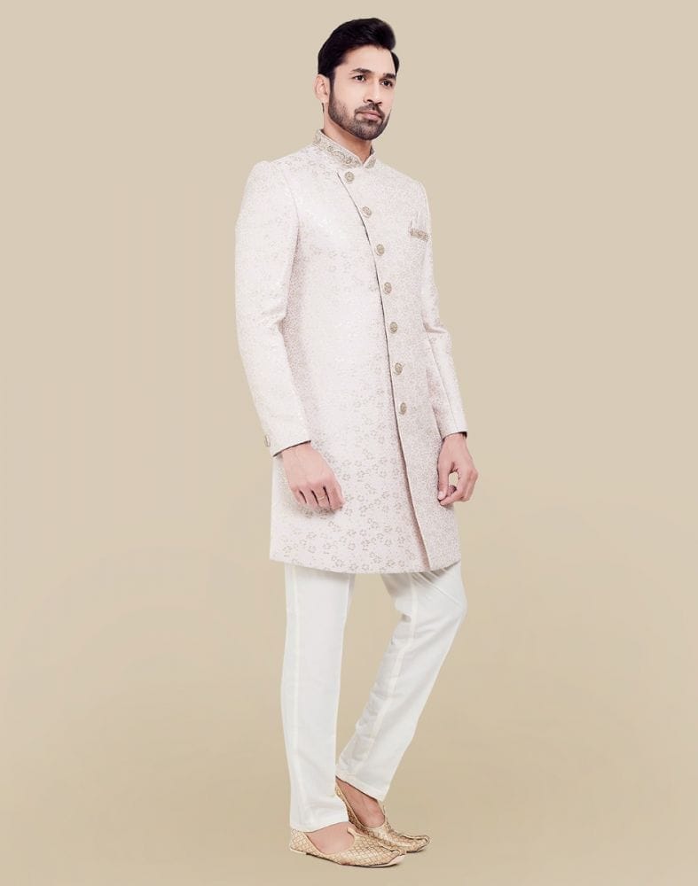 Collection of All Over Self Brocade Peach Coloured Indo Western Sherwani Set in a gallery layout