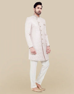 Collection of All Over Self Brocade Peach Coloured Indo Western Sherwani Set in a gallery layout