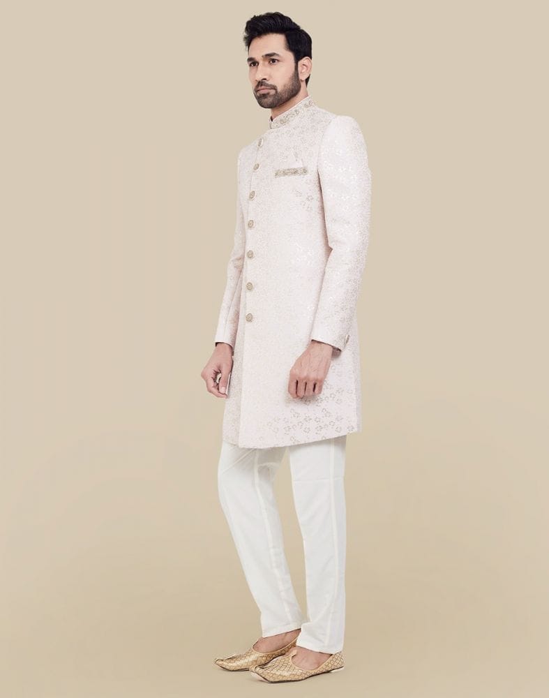 All Over Self Brocade Peach Coloured Indo Western Sherwani Set