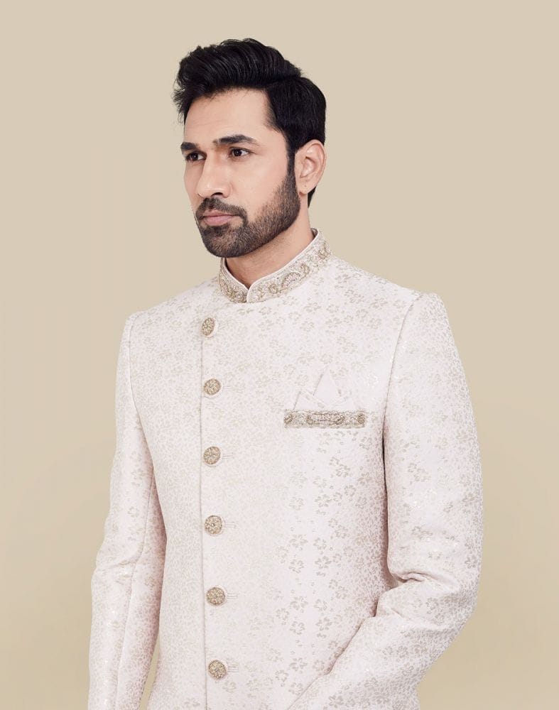 Collection of All Over Self Brocade Peach Coloured Indo Western Sherwani Set in a gallery layout