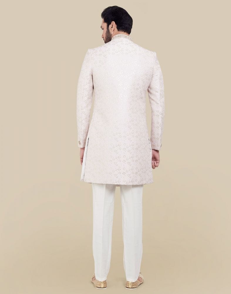 Collection of All Over Self Brocade Peach Coloured Indo Western Sherwani Set in a gallery layout