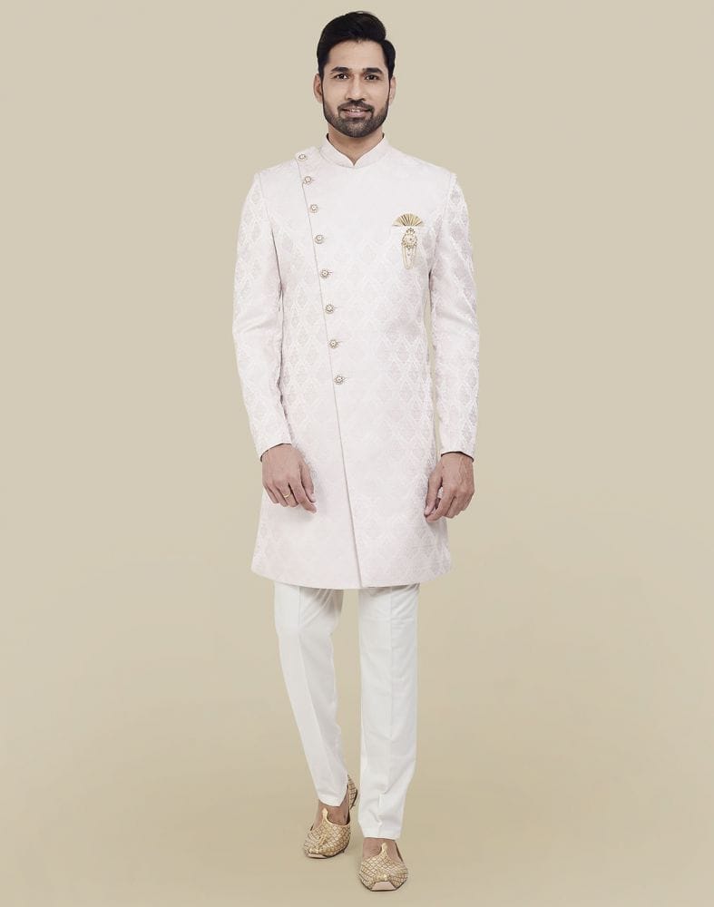 Brocade Peach Coloured Indo Western Sherwani Set