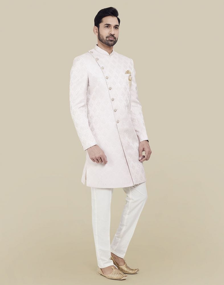 Collection of Brocade Peach Coloured Indo Western Sherwani Set in a gallery layout