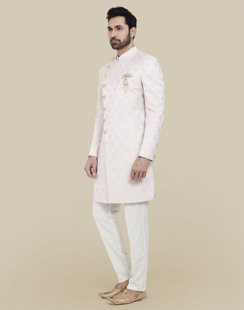 Collection of Brocade Peach Coloured Indo Western Sherwani Set in a gallery layout