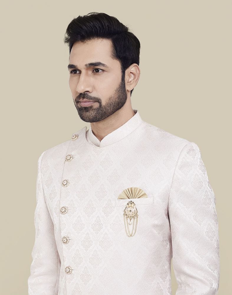 Collection of Brocade Peach Coloured Indo Western Sherwani Set in a gallery layout