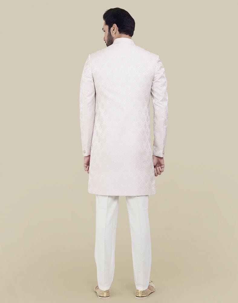 Brocade Peach Coloured Indo Western Sherwani Set