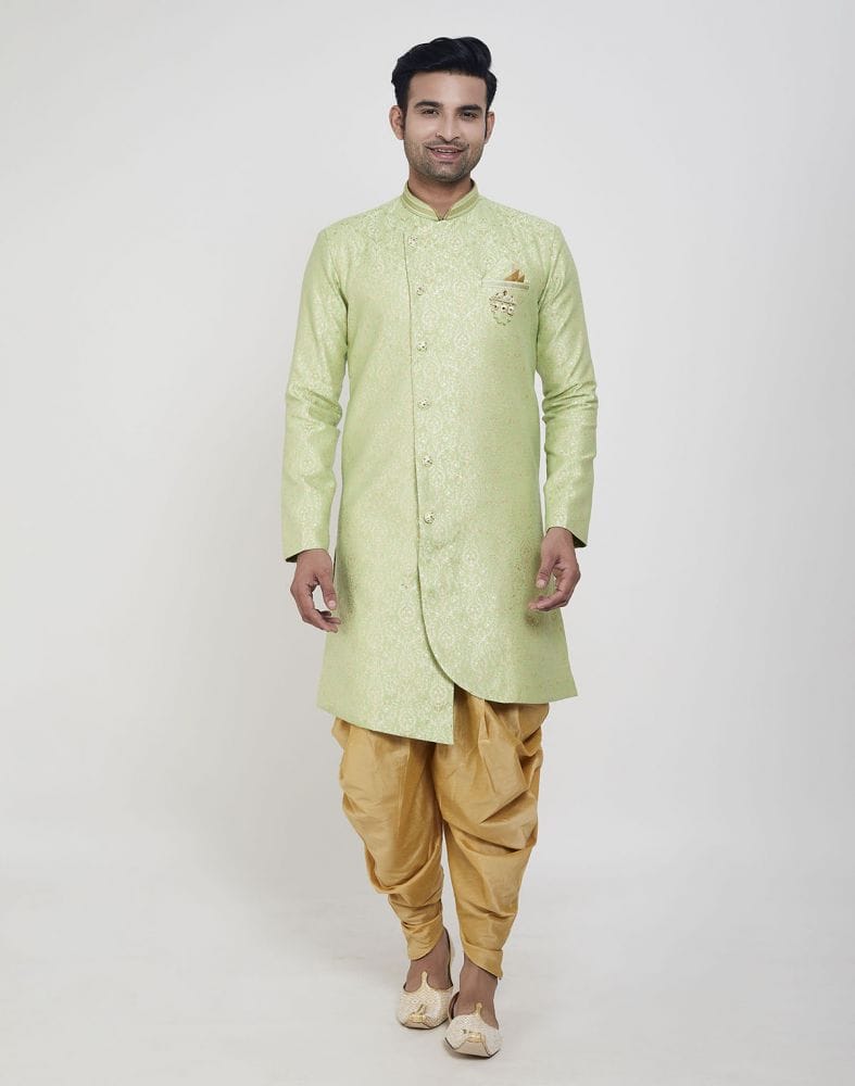 Pista Green Jacquard Design With Peshawari Semi Indo Western Set