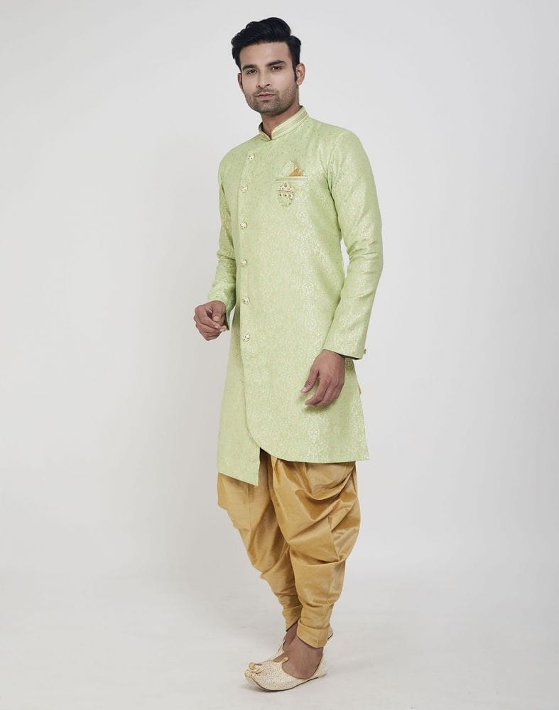 Pista Green Jacquard Design With Peshawari Semi Indo Western Set