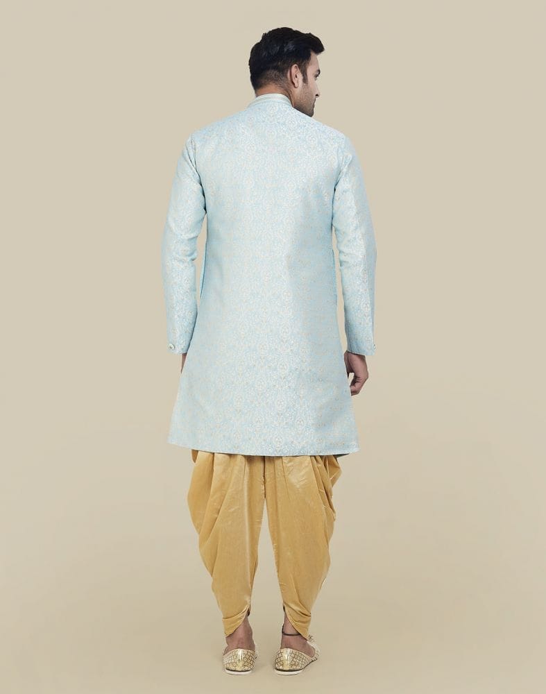 Collection of Sky Blue Jacquard Design With Peshawari Semi Indo Western Set in a gallery layout