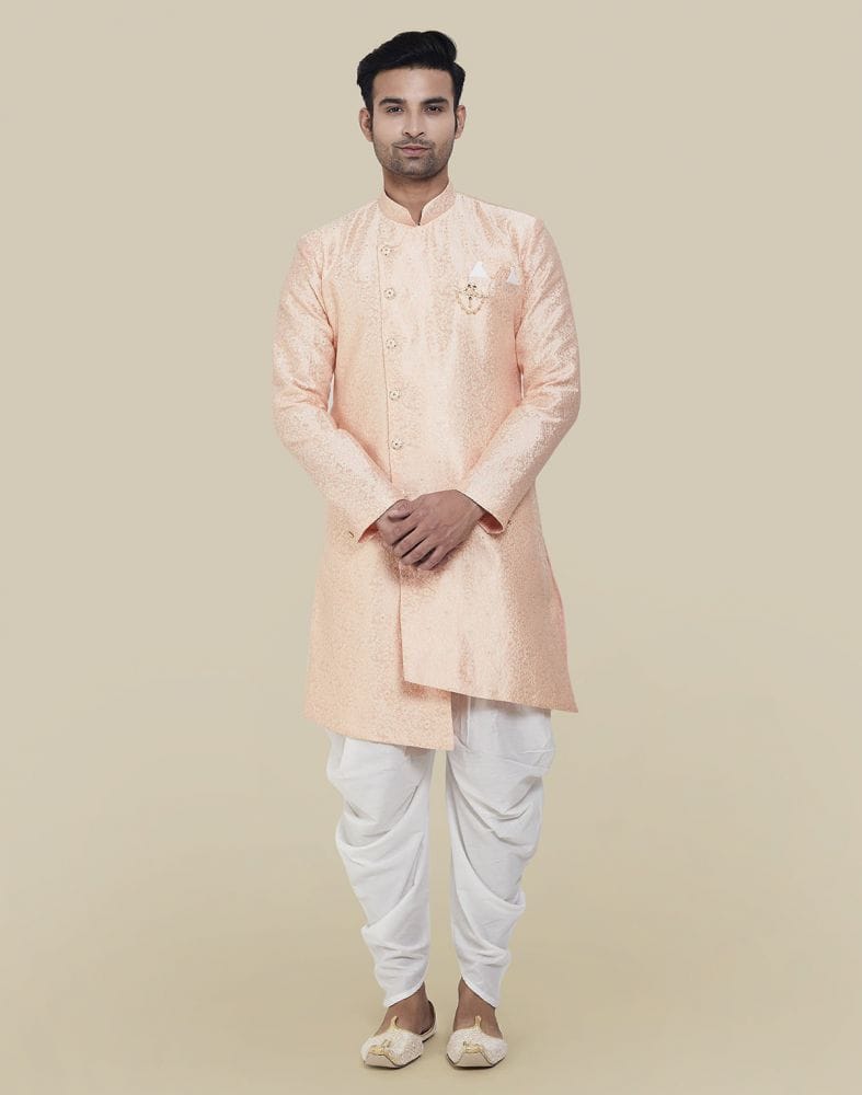 Collection of Peach Coloured Fashionable Cross Pattern And Self Design Semi Indo Western Set in a gallery layout