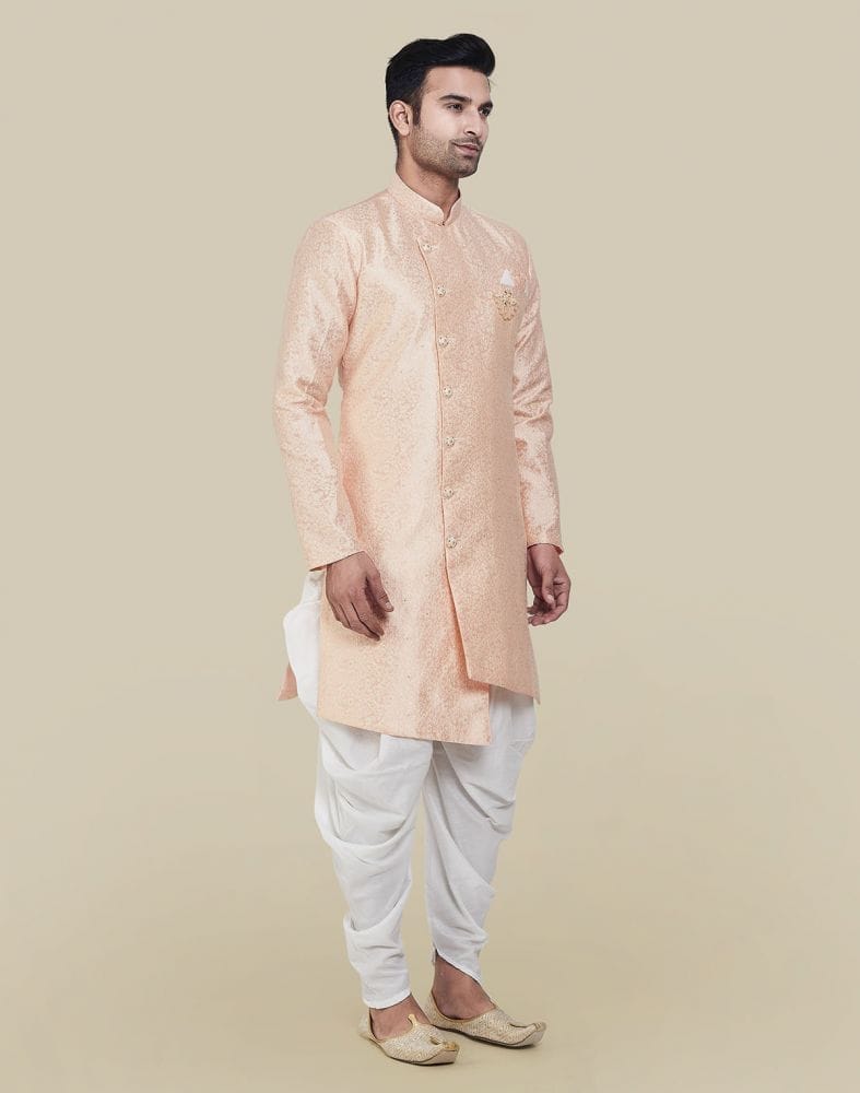 Peach Coloured Fashionable Cross Pattern And Self Design Semi Indo Western Set