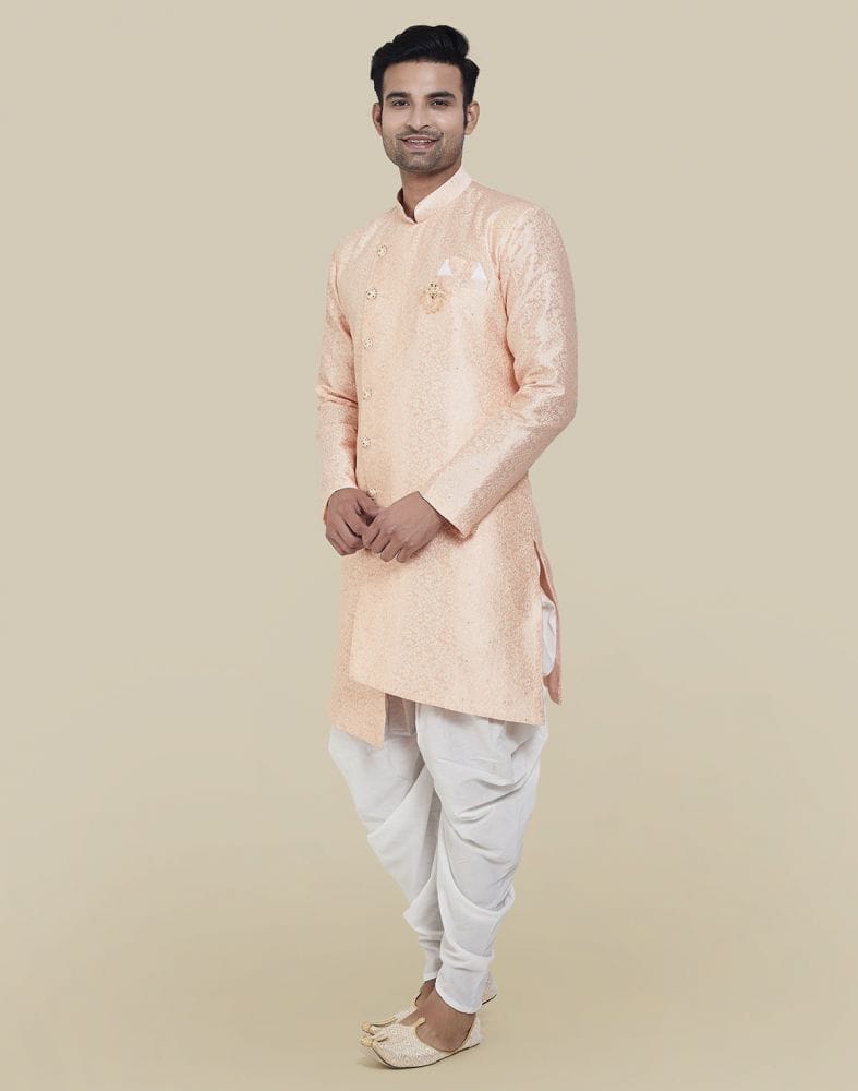 Collection of Peach Coloured Fashionable Cross Pattern And Self Design Semi Indo Western Set in a gallery layout