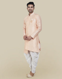 Collection of Peach Coloured Fashionable Cross Pattern And Self Design Semi Indo Western Set in a gallery layout