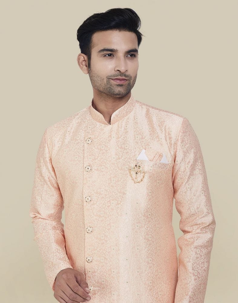 Peach Coloured Fashionable Cross Pattern And Self Design Semi Indo Western Set