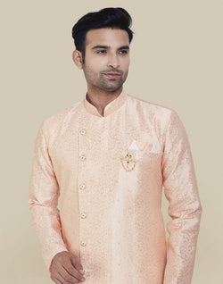 Collection of Peach Coloured Fashionable Cross Pattern And Self Design Semi Indo Western Set in a gallery layout