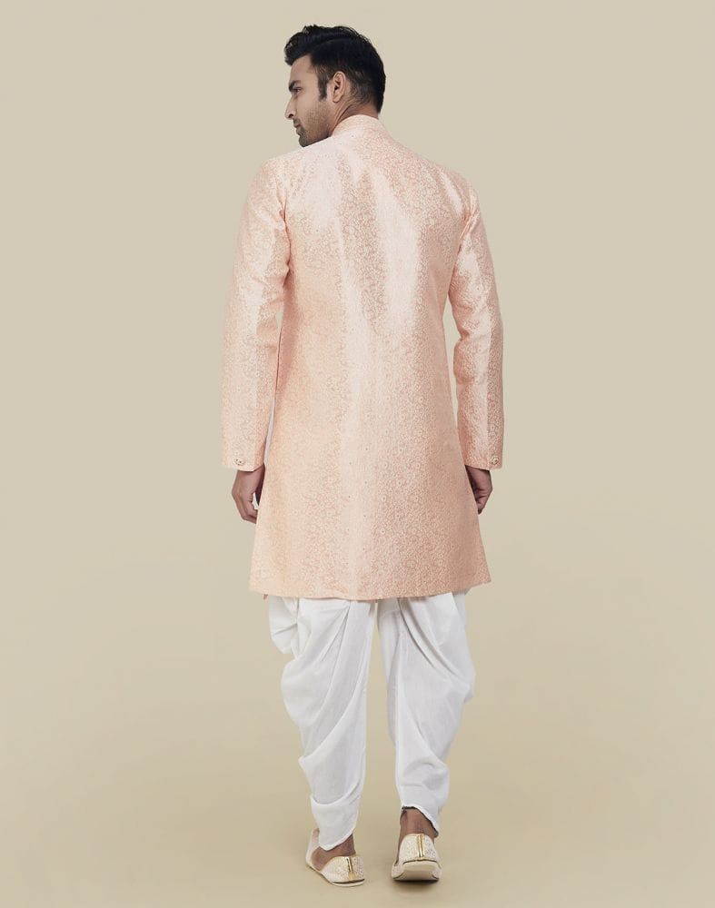 Collection of Peach Coloured Fashionable Cross Pattern And Self Design Semi Indo Western Set in a gallery layout