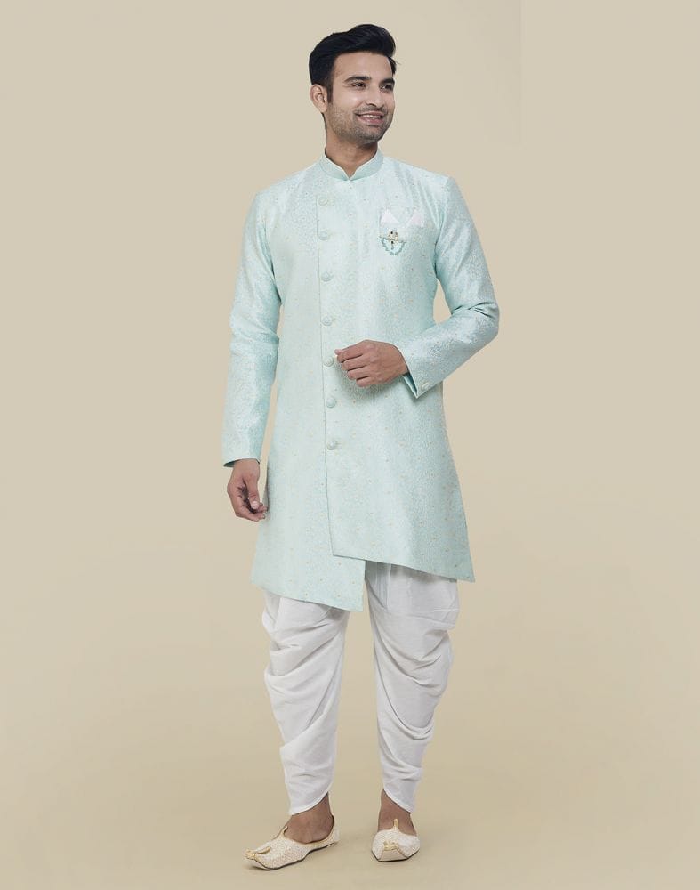 Collection of Sky Blue Fashionable Cross Pattern And Self Design Semi Indo Western Set in a gallery layout