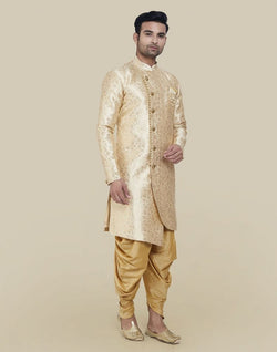 Collection of Gold Colour Jacquard Design Semi Indo Western Set in a gallery layout