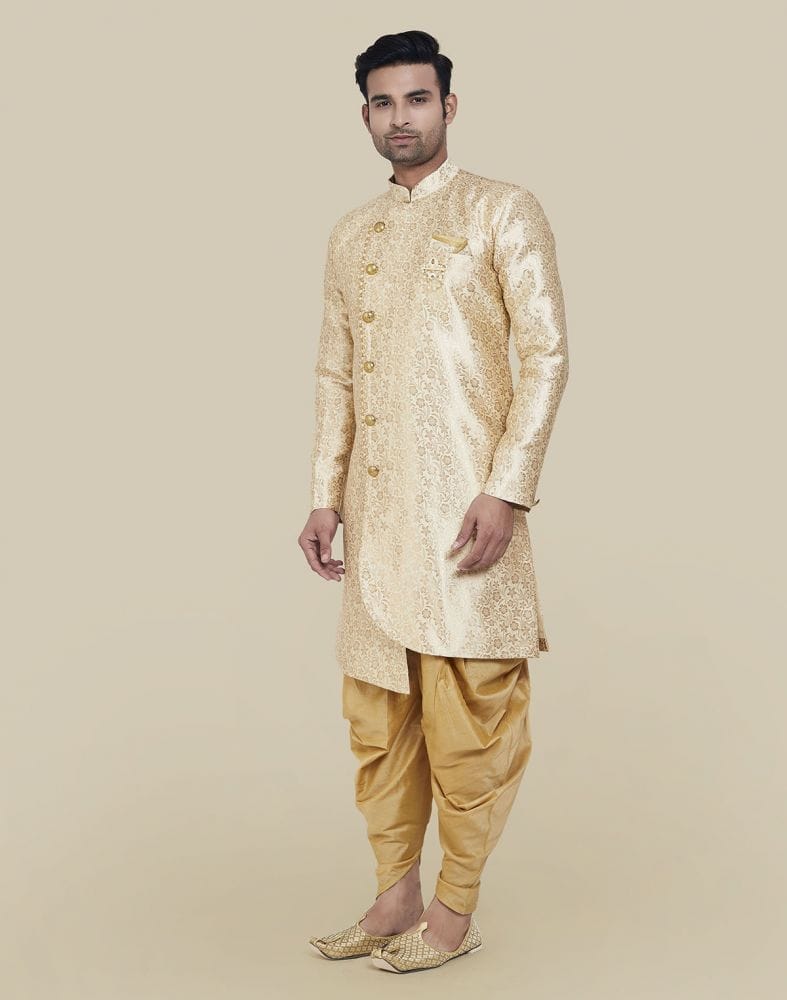 Collection of Gold Colour Jacquard Design Semi Indo Western Set in a gallery layout