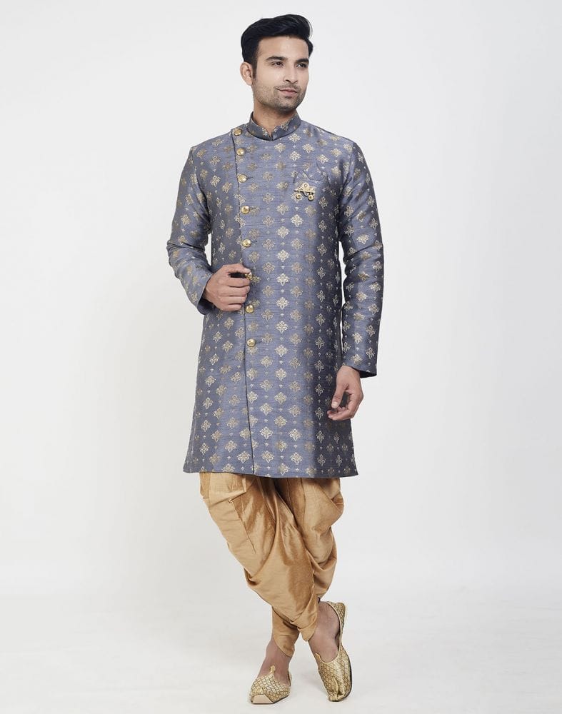 Grey Coloured Stylish and Smooth Jacquard Design Semi Indo Western Set