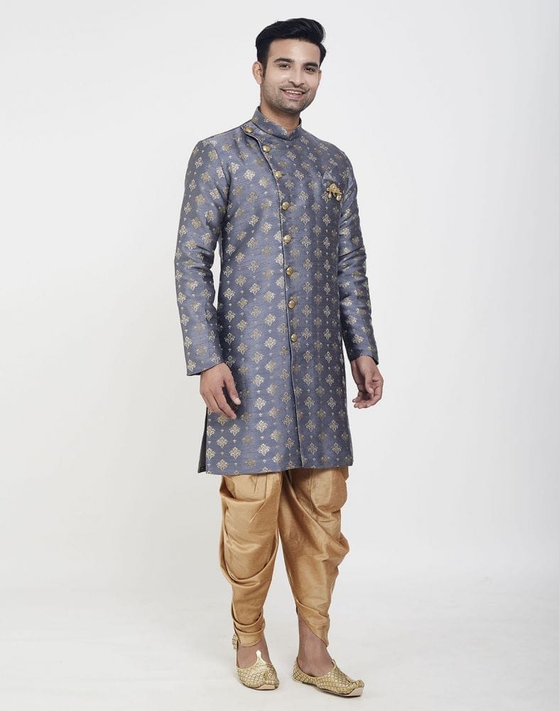 Collection of Grey Coloured Stylish and Smooth Jacquard Design Semi Indo Western Set in a gallery layout