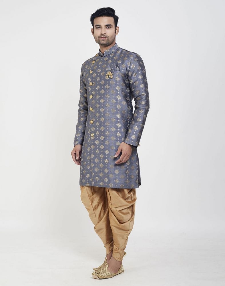 Grey Coloured Stylish and Smooth Jacquard Design Semi Indo Western Set