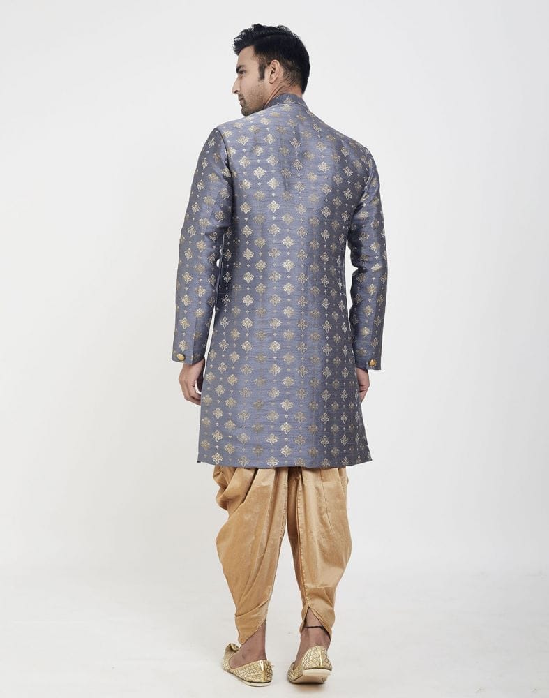 Grey Coloured Stylish and Smooth Jacquard Design Semi Indo Western Set