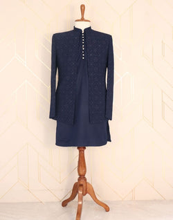 Collection of Iconic Navy Blue Plain Satin Embellished work Indo-Western Set in a gallery layout