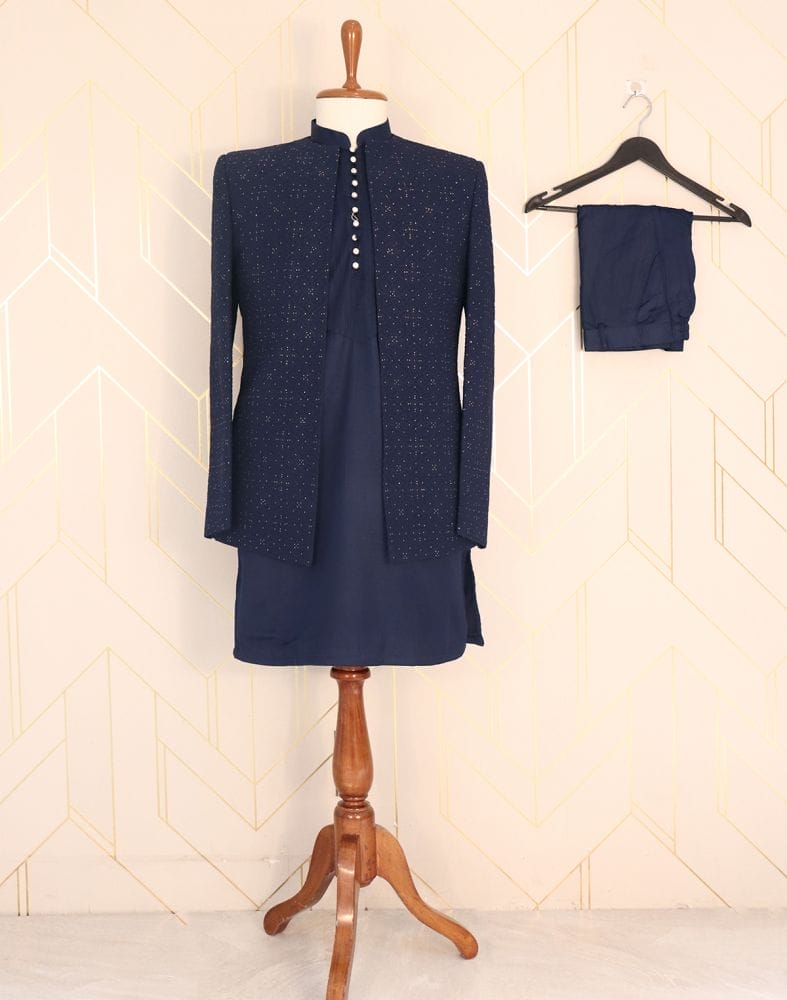 Iconic Navy Blue Plain Satin Embellished work Indo-Western Set