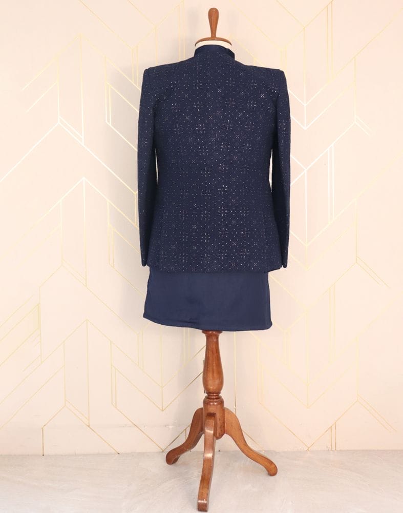 Collection of Iconic Navy Blue Plain Satin Embellished work Indo-Western Set in a gallery layout