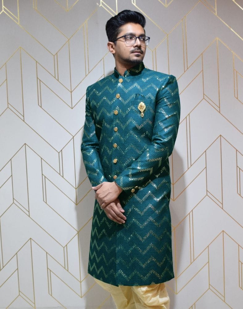 Collection of Stylish Rama Green Chevron Raw Silk Embellished Designer Indo-Western Set in a gallery layout