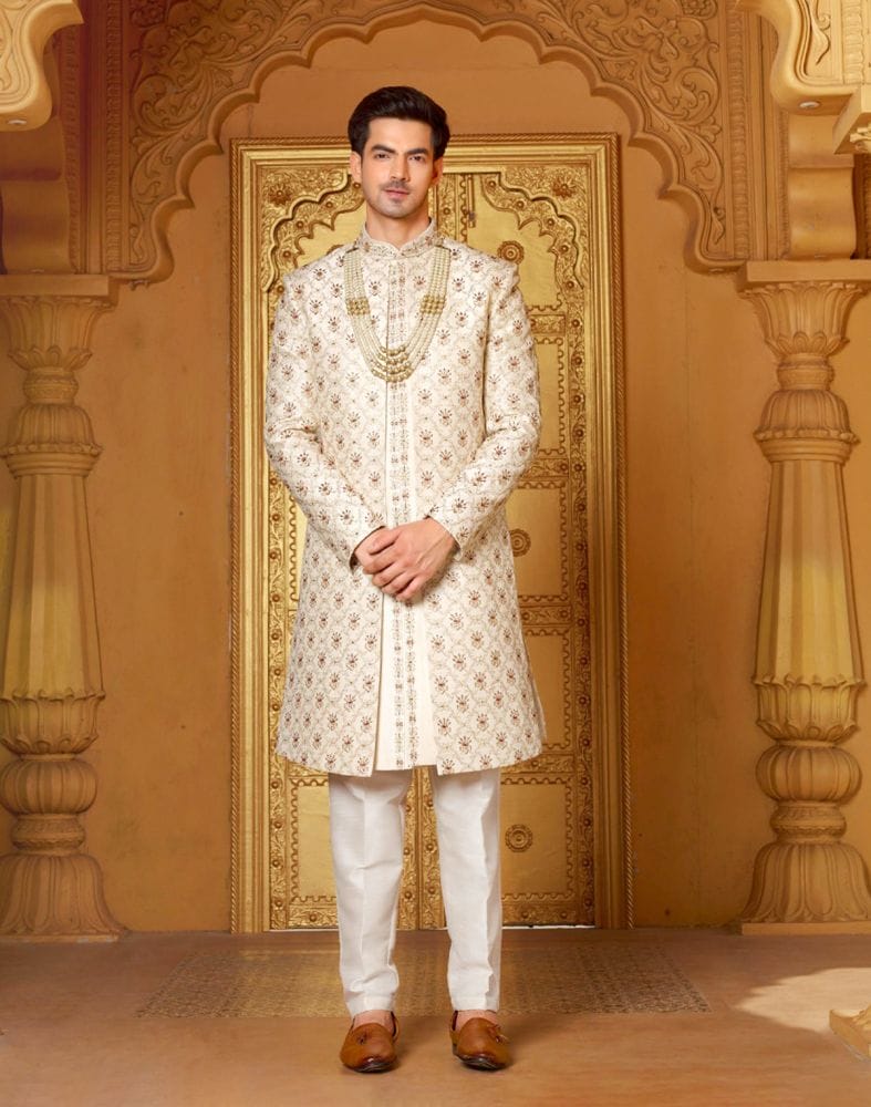 Dashing Cream Coloured Raw Silk Mirror work Indo-Western Set