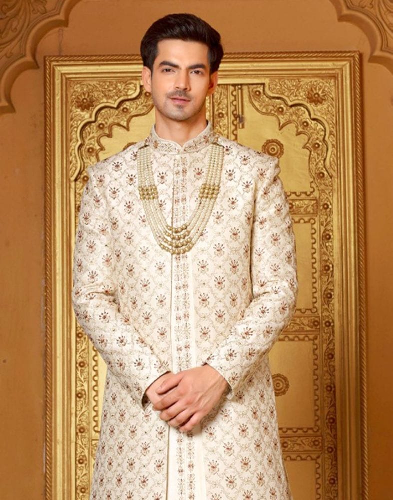 Dashing Cream Coloured Raw Silk Mirror work Indo-Western Set