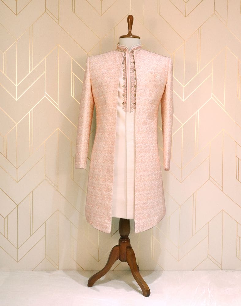 Peach Floral Raw Silk Designer Sherwani Set