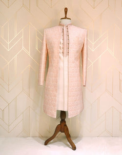 Collection of Peach Floral Raw Silk Designer Sherwani Set in a gallery layout