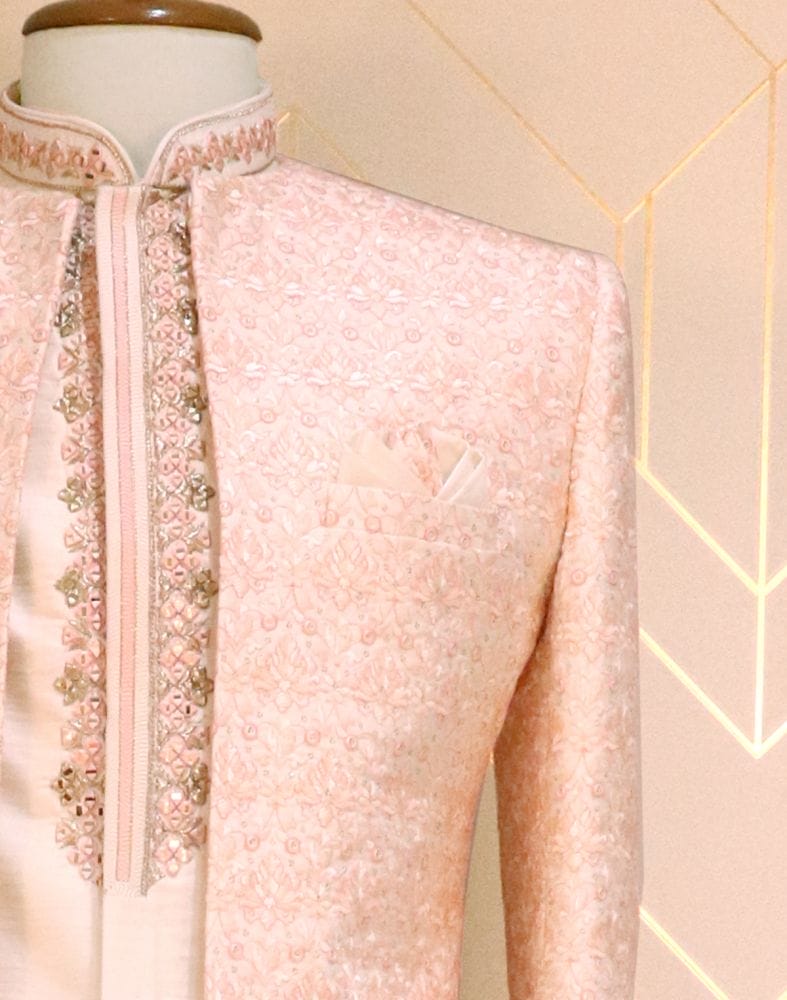 Peach Floral Raw Silk Designer Sherwani Set